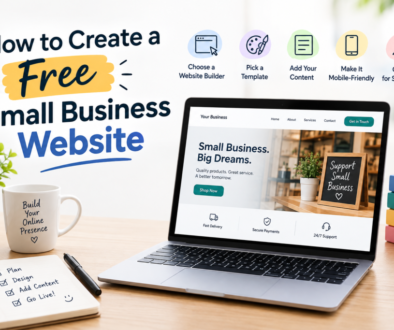 How to create a free small business website with a laptop showing a business website, website builder, template, content, mobile-friendly design, and SEO steps